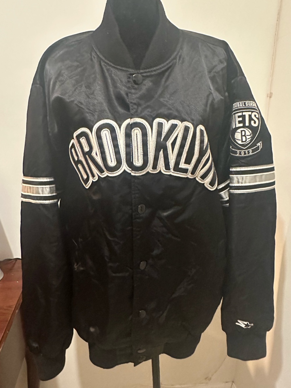 Starter Brooklyn Nets Inaugural Season 2012 Black Satin Bomber Jacket Men’s Sz L